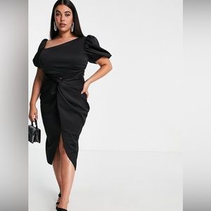 🖤Host Pick🖤Asos Design Curve asymmetric puff sleeve knot  midi dress in black